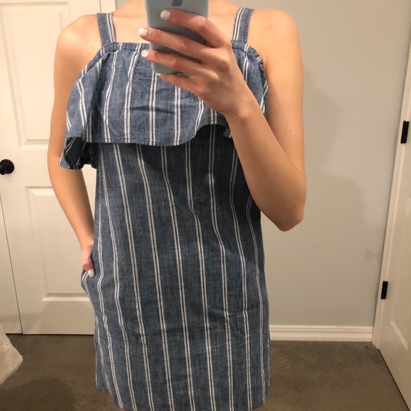 J Crew Striped Chambray Ruffle Neck Dress - Picture 4 of 7